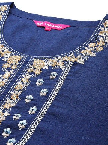 Varanga Women Plus Size Embroidered Yoke Straight Kurta Paired With Tonal Bottom And Printed Bhagalpuri Dupatta
